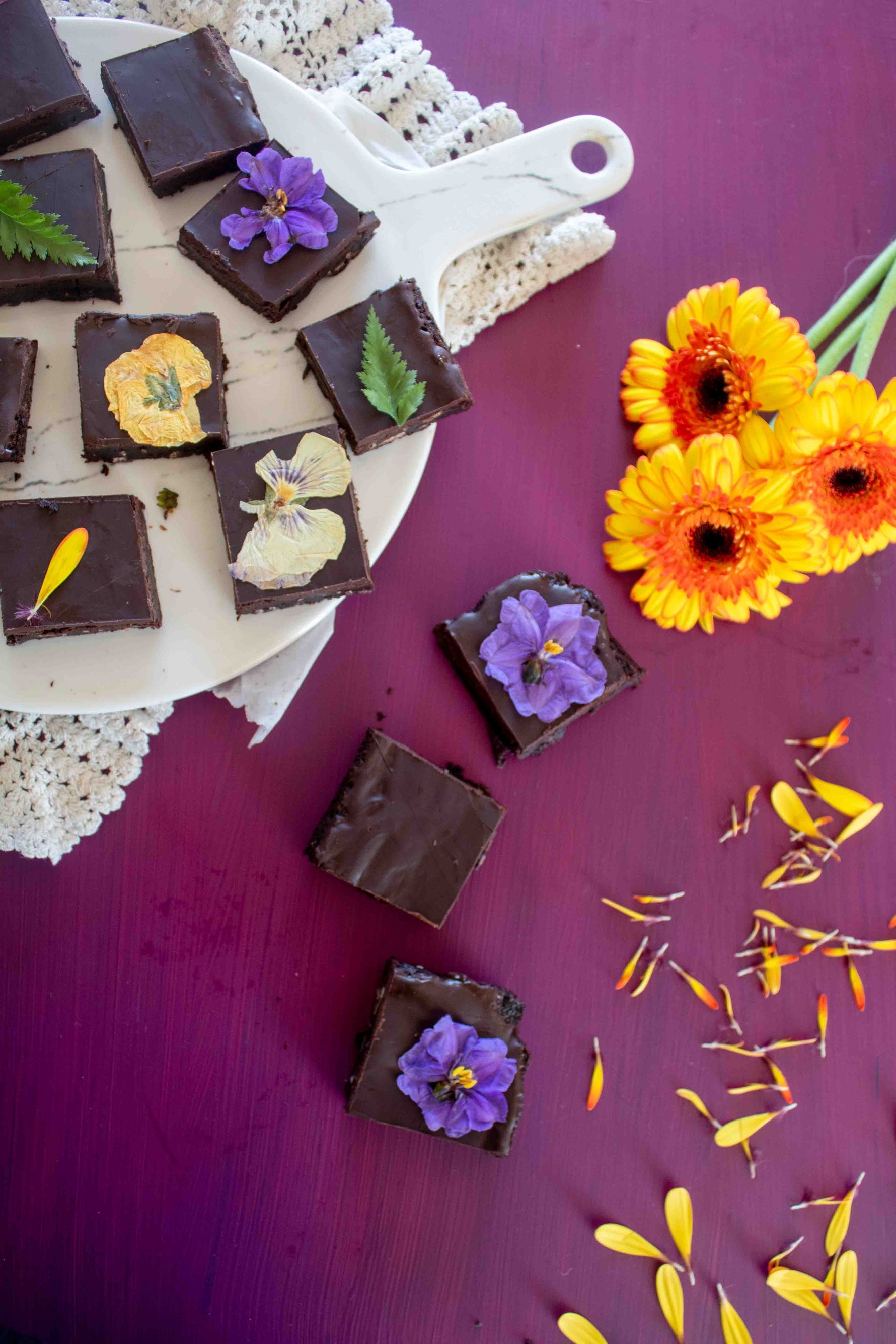 Pressed Flower Triple Chocolate Brownies